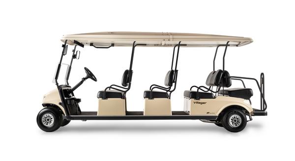 Seitliche Ansicht des Personentransporters Club Car Villager mit 8 Sitzplätzen und kompletter Überdachung.
