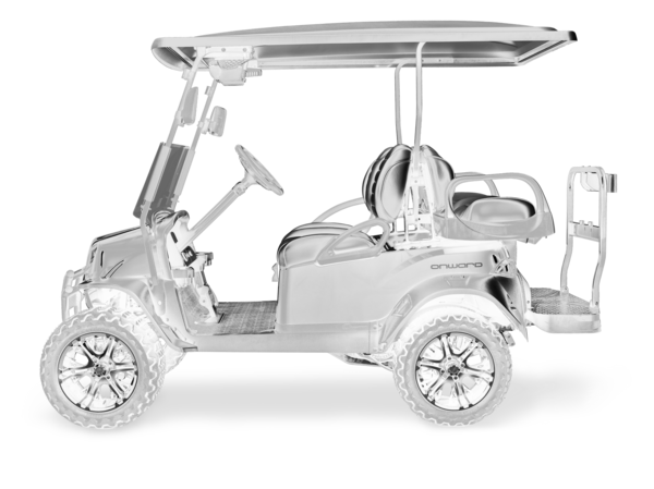 Seitliche Darstellung eines Club Car Onward Carts für 4 Personen in Schwarz Weiß 