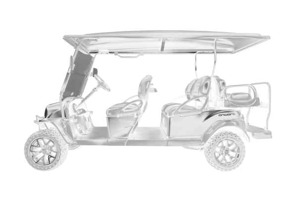 Seitliche Darstellung eines Club Car Onward Carts mit 6 Plätzen in Schwarz Weiß 