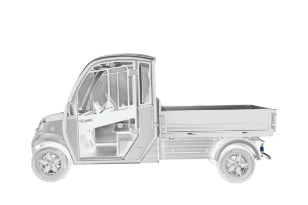 Club Car Urban Seitliche Darstellung eines Club Car Urban Elektrotransporters in Schwarz Weiß