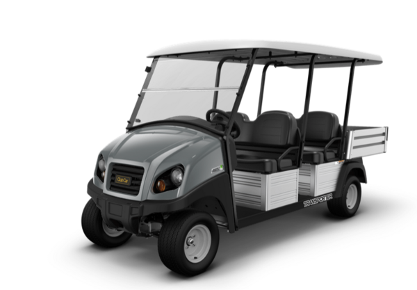 Club Car Transporter 4 Nutzfahrzeig mit 4 Sitzplätzen, Cargobox, Dach und Frontscheibe.