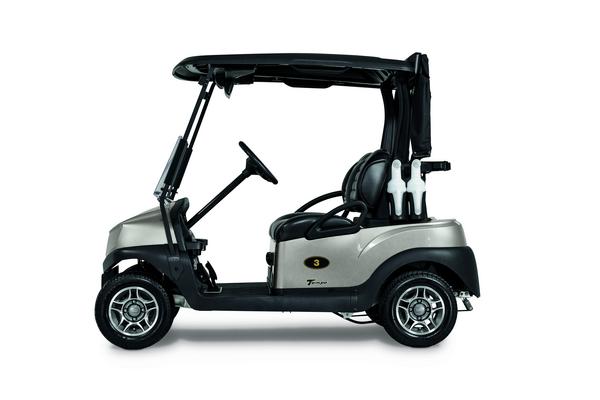 Silbernes Golfcart der Marke Club Car in seitlicher Ansicht.