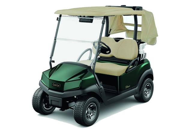 Club Car Tempo Grün Grünes Golfcart mit zwei Sitzplätzen, Dach und Frontscheibe.