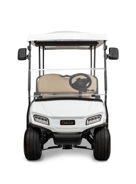 Frontale Ansicht des Personentransporters Club Car Villager mit Frontscheinwerfern, Dach und Windschutzscheibe.
