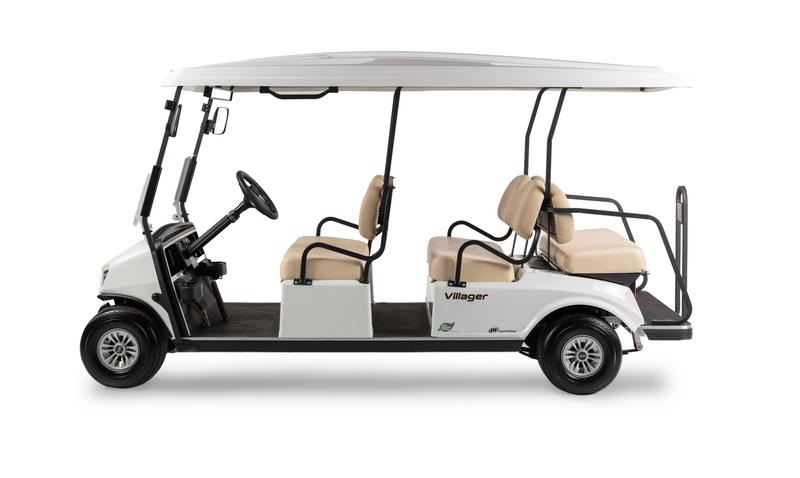 Seitliche Ansicht des Personentransporters Club Car Villager mit 6 Sitzplätzen. 