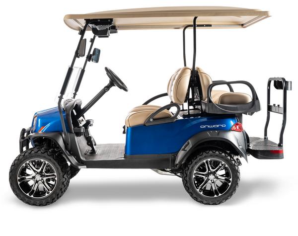 Sidebillede af en Onward golfvogn fra Club Car som 4-personers i den løftede version.