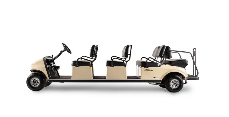 Seitliche Ansicht des Personentransporters Club Car Villager mit 8 Sitzplätzen ohne Dach. 