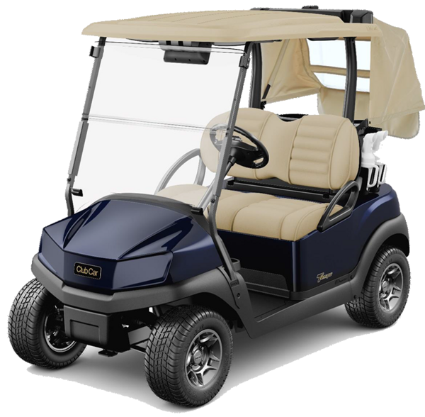 Blaues Golfcart der Marke Club Car mit zwei Sitzplätzen, Dach und Frontscheibe.   