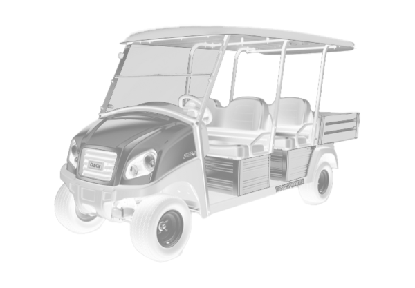 Seitliche Darstellung eines Club Car Transporter Nutzfahrzeugs in Schwarz Weiß 