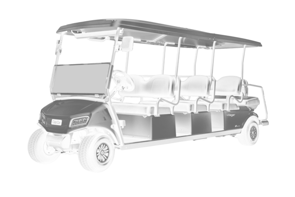 Seitliche Darstellung eines Club Car Villager Personentransporters mit 8 Sitzplätzen in Schwarz Weiß 